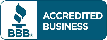 BBB Accredited Business logo with a torch symbol on the left and the words "ACCREDITED BUSINESS" on the right in white text on a blue background—ideal for roofing contractors or any metal roofing expert to showcase trust and credibility.