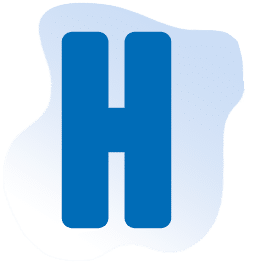 A bold blue letter "H" is centered on a white background with a light blue, irregularly shaped blob behind it.