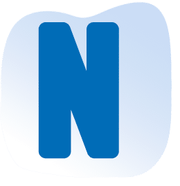 A large, bold, blue letter "N" is centered on a white background with a light blue, rounded abstract shape behind it.