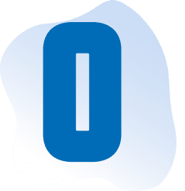 A bold blue number zero with a rectangular cutout in the center, set against a light blue abstract background shape.