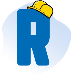 A large blue letter "R" with a yellow construction hat tilted on its upper right corner, set against a light blue abstract background.