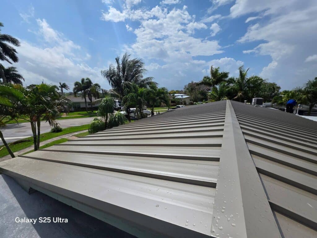 A view from a sloped metal roof with rain droplets, overlooking palm trees and a suburban street on a partly cloudy day. “Galaxy S25 Ultra” text appears in the corner.