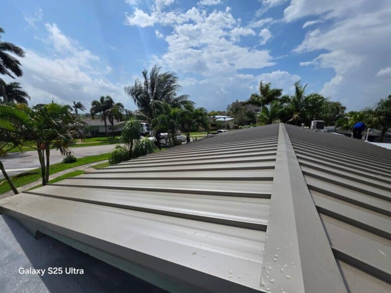 A view from a sloped metal roof with rain droplets, overlooking palm trees and a suburban street on a partly cloudy day. “Galaxy S25 Ultra” text appears in the corner.