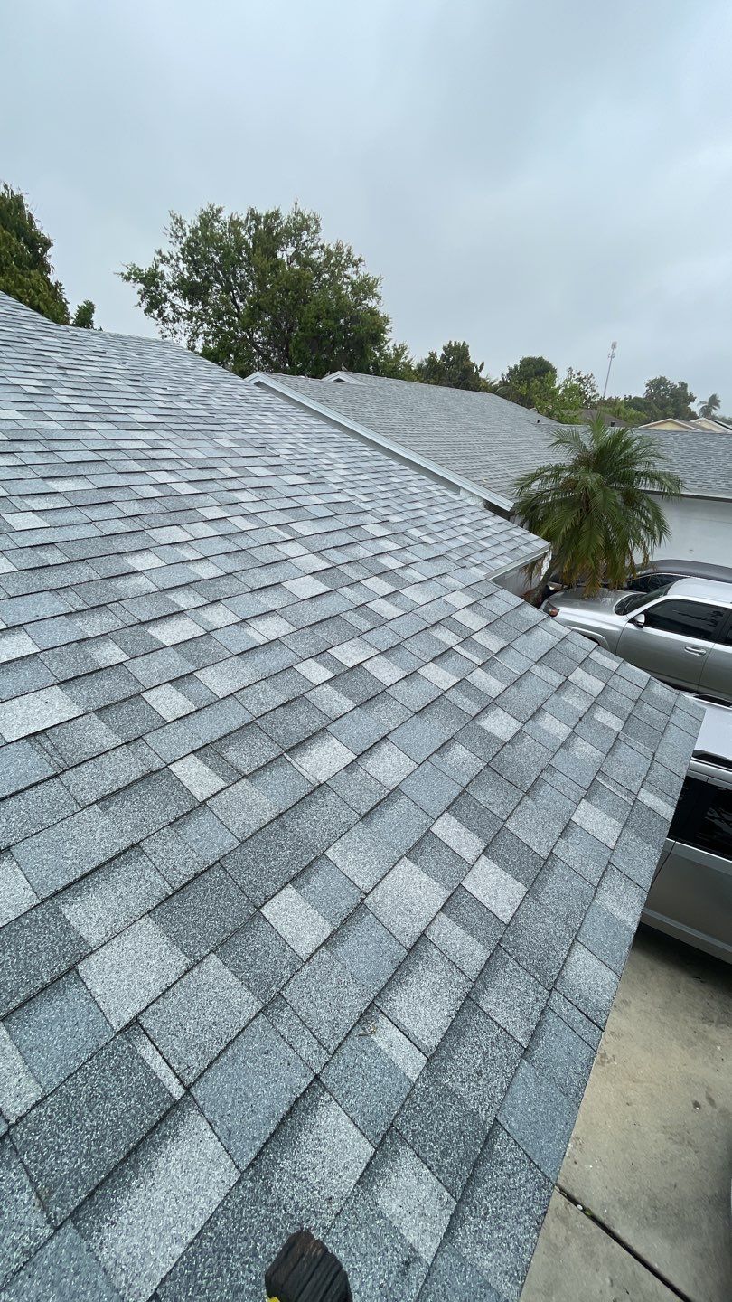 A close-up view of a gray shingled roof on a cloudy day, with trees, a palm tree, and parked cars visible in the background.