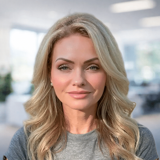 A woman with long, wavy blonde hair and light eyes smiles softly in a bright, modern office setting. She is wearing a grey top and subtle makeup. The background is blurred, highlighting her face.